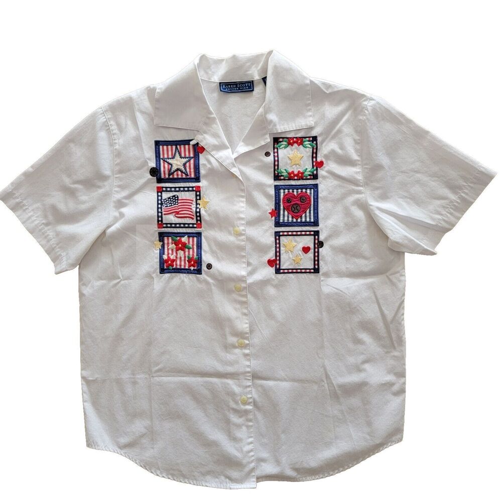 KAREN SCOTT Cotton Rich Women’s Size Medium Shirt Blouse Novelty Fourth Of July
